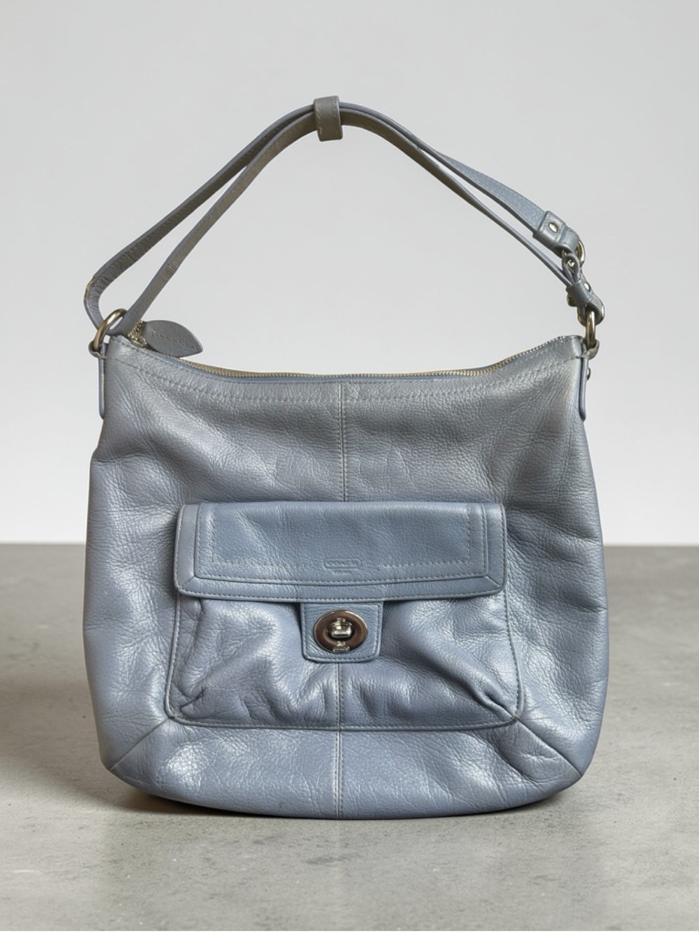 Coach Blue Pebbled Leather Turnlock Hobo Shoulder Bag Slouchy Purse